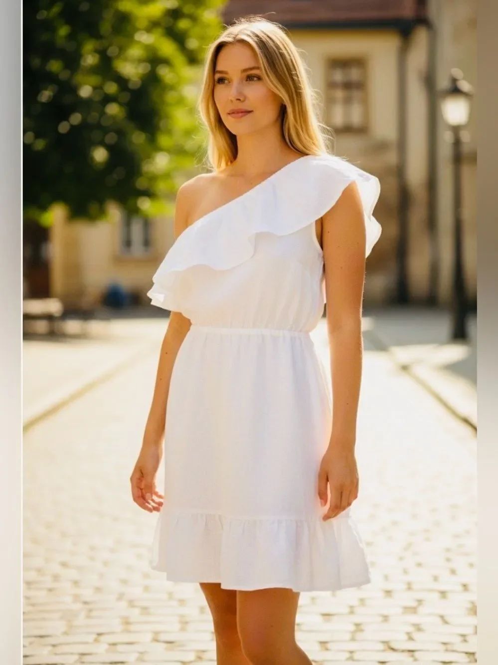 Valentina Naldi 100% Italian Linen White One-Shoulder Ruffle Dress; Size Medium